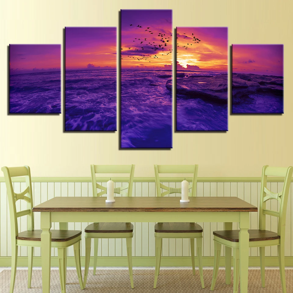 

Modular Picture Printing Artworks Canvas Frame 5 Pieces Bird And Purple Sky Sunset Seascape Paintings Poster Wall Art Decor Room