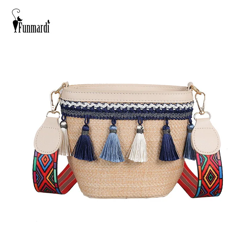 FUNMARDI بوهو الصيف سترو حقيبة المرأة Crossbody حقيبة 2019 أزياء شرابة اللون حزام حقيبة كتف صغيرة النسيج حقيبة شاطئية WLHB1876