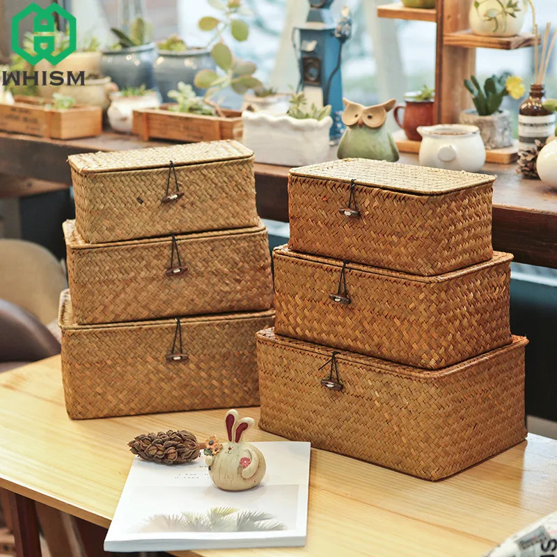 

WHISM Natural Sea Grass Storage Box with Cover Storage Bin Jewelry Food Organizers Box Makeup Cosmetic Organizer Toys Boxes