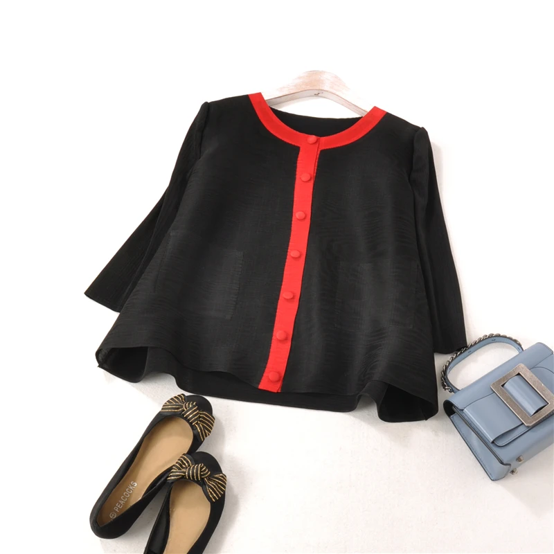 

OL commuter colour trimmed round-necked Miyake blouse pleated jacket cardigan PLEATS free shipping