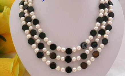 

Jewelr 004249 classic 3rows 8mm round white freshwater pearls black agate necklace