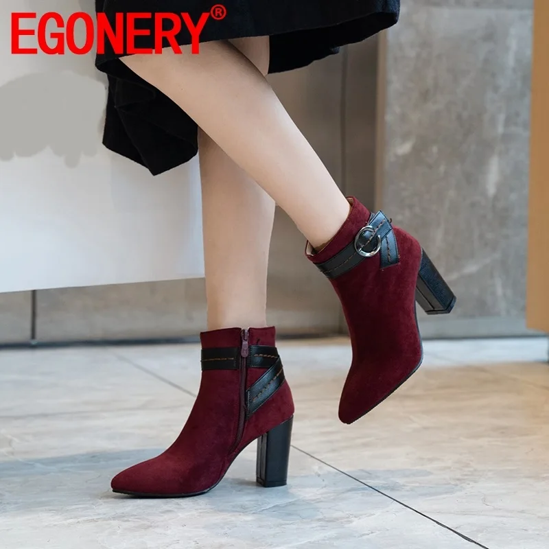 

EGONERY winter new warm fashion pointed toe ankle boots outside warm super high heels zip plus size shoes woman drop shipping