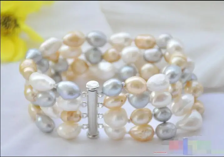 

FREE SHIPPING HOT sell new Style >>>>4row 8" 12mm white gray champagne baroque freshwater pearl bracelet