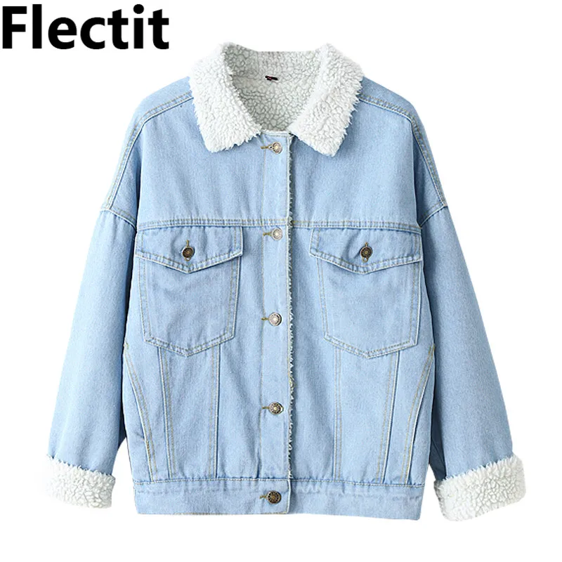 Winter Fur Denim Jacket Women Bomber Jacket Blue Jeans
