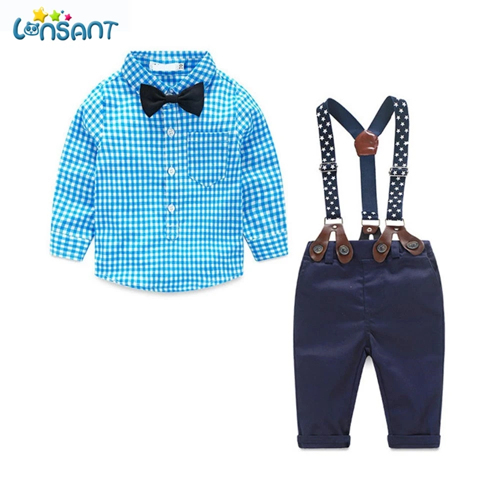 

LONSANT New Newborn Baby Boy Clothes Long Sleeve Plaid Shirt Suspender Bowknot Gentleman 2017 Children's Clothing Set