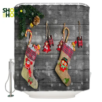 

SHOWHOME Shower Curtain Christmas Stocking Boards Snowflakes Red Winter Trees Shower Curtain Bathroom Curtain Home Decoration
