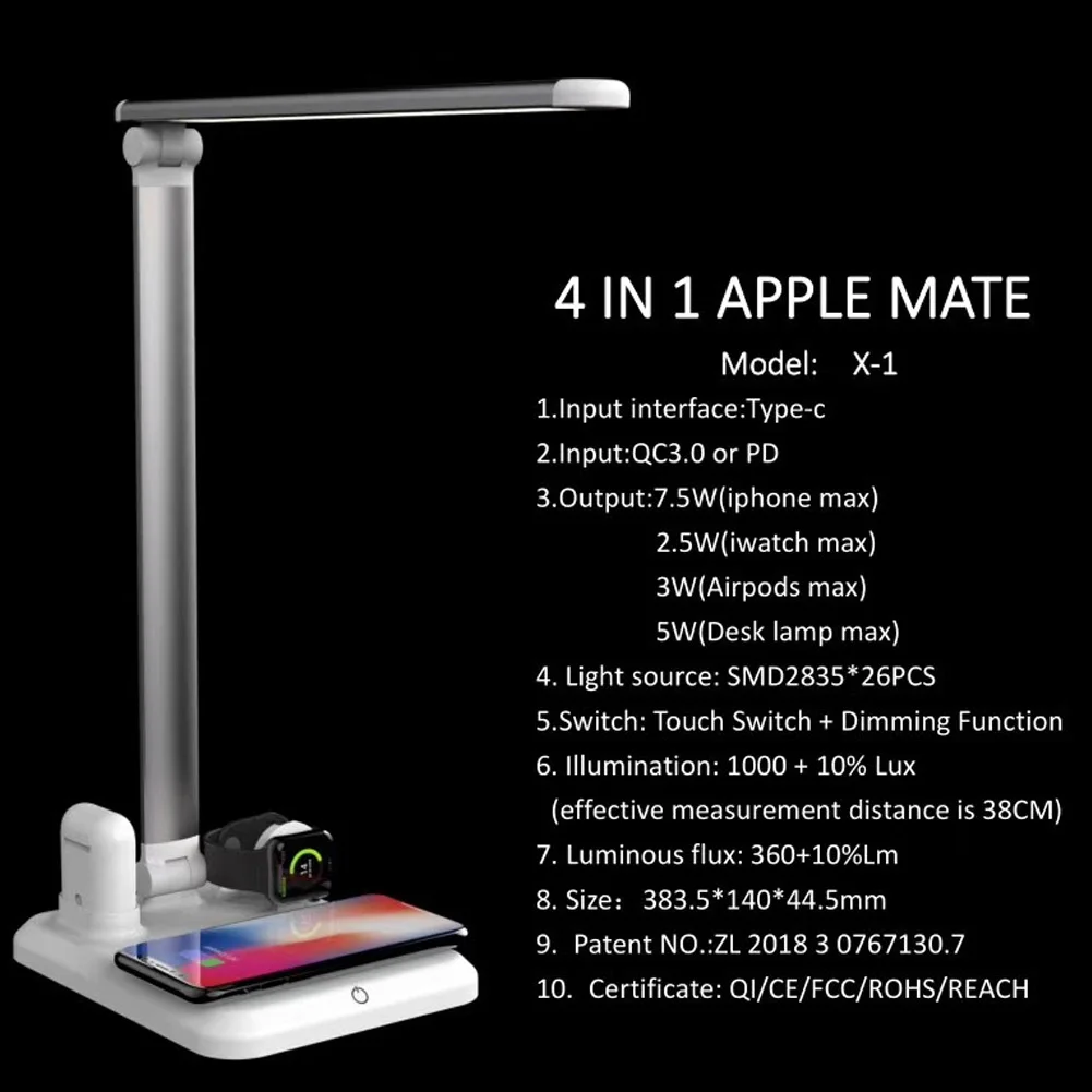

4 in 1 Table Lamp Adjustable Light USB Quick Wireless Charger for Phone Bluetooth Earphone SD998