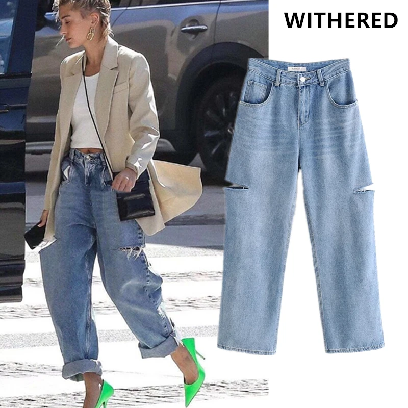 

Withered Haley same design runway cut hole loose jeans woman high waist jeans ripped jeans for women boyfriend jeans for women