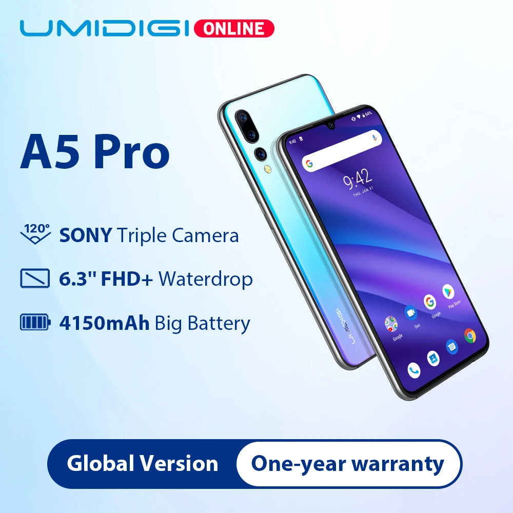 UMIDIGI A5 PRO Global Band 16MP Тройная камера Android 9,0 Octa Core 6,3 'FHD + Капля воды экран 4150 мАч 4 Гб + 32 Гб мобильный телефон