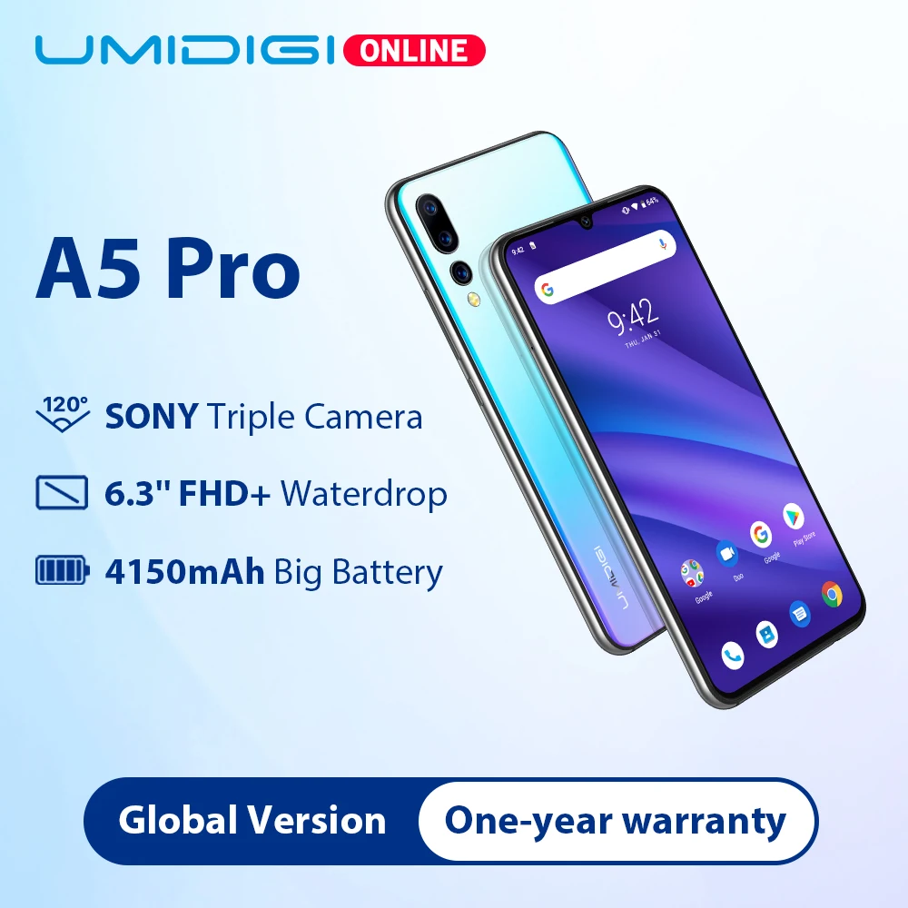 6577.37 руб. 40% СКИДКА|UMIDIGI A5 PRO Global Band 16MP Тройная камера Android 9,0 Octa Core 6,3 'FHD + Капля воды экран 4150 мАч 4 Гб + 32 Гб мобильный телефон-in Мобильные телефоны from Мобильные телефоны и телекоммуникации on Aliexpress.com | Alibaba Group