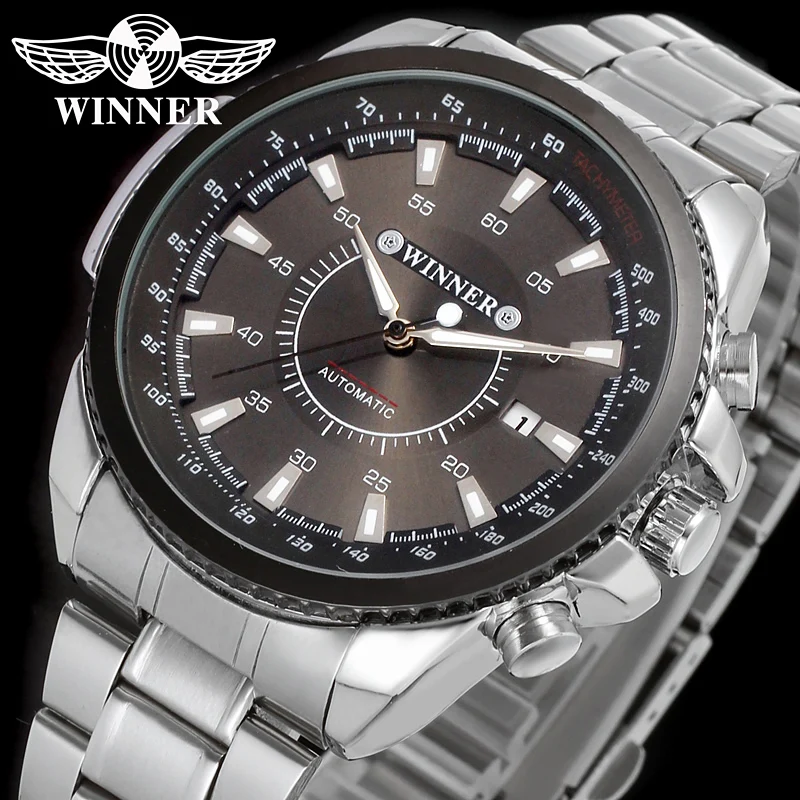 

WINNER Men Women Luxury Brand Date Display Stainless Steel Watch Automatic Mechanical Wristwatches Gift Box Relogio Releges 2016