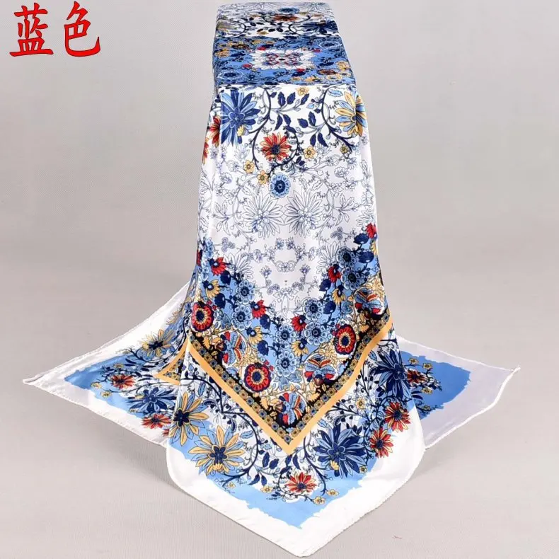 Модный дизайн квадратный шелковый шарф женский платок Бандана с цветочным рисунком Дамская шаль Хиджаб элегантная повязка на голову кольцо шарф 90*90 см - Цвет: Синий