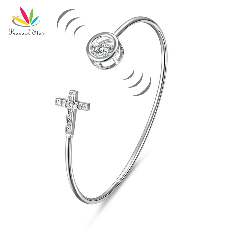 

Peacock Star Dancing Stone Cross Bangle Solid 925 Sterling Silver Bridal Wedding CFB8015