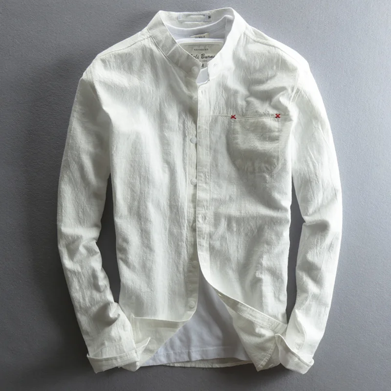 Летняя Мужская льняная рубашка с воротником-стойкой и длинным рукавом, китайские приталенные повседневные рубашки из хлопка и льна, Рубашки, Топы M-5XL - Цвет: Белый