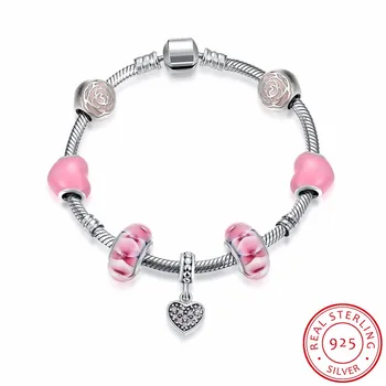 

New arrival DIY Silver Plated Heart Pendant Bracelet Flower Carving Glass Bead Charms Bracelet European Style Handmade Jewelry
