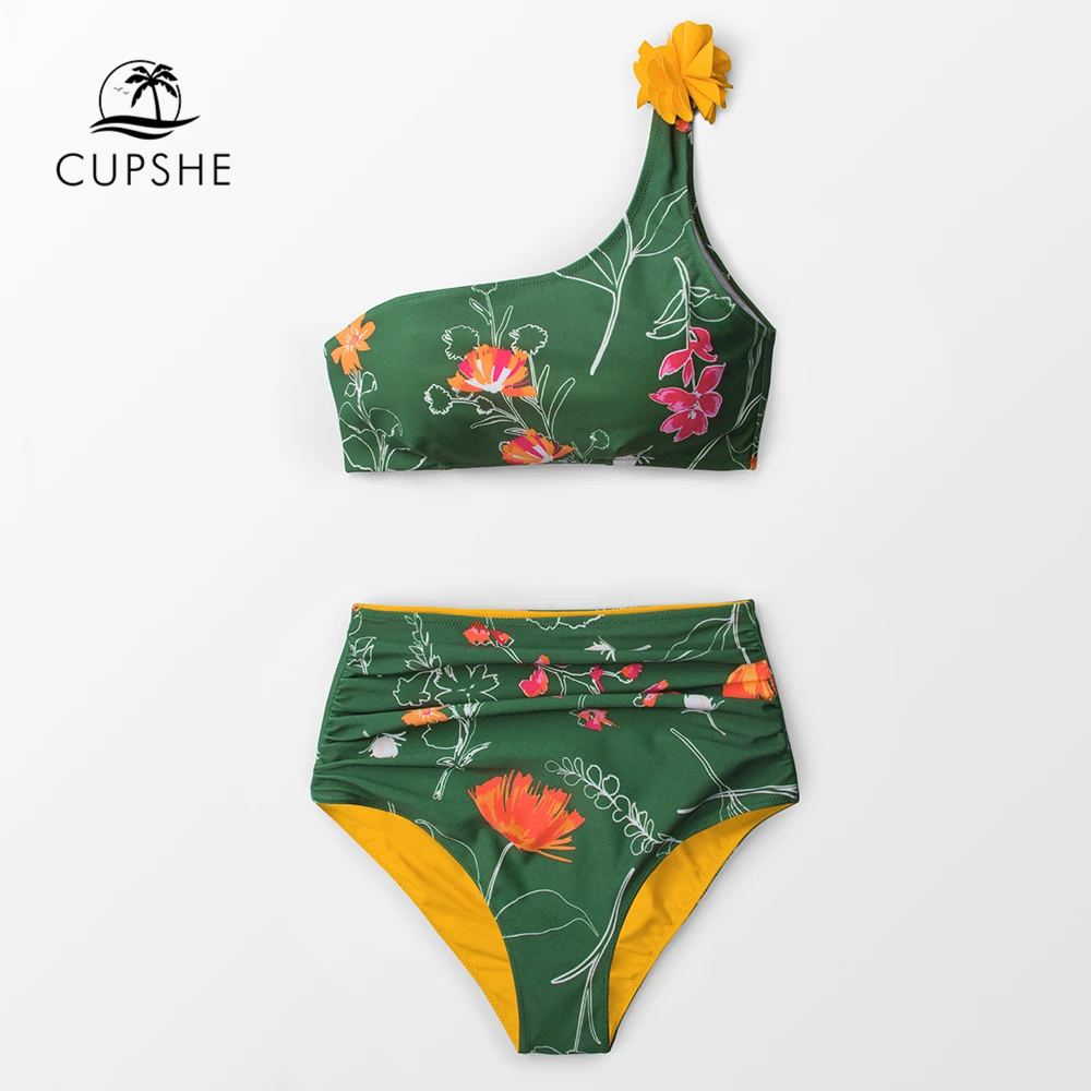 CUPSHE тропический зеленый цветочный принт на одно плечо бикини наборы для женщин