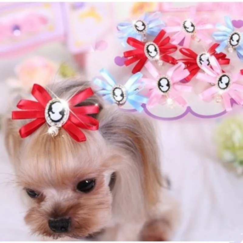 Dog flower headdress Dog flash drill pearl ribbon dog hairpin pet