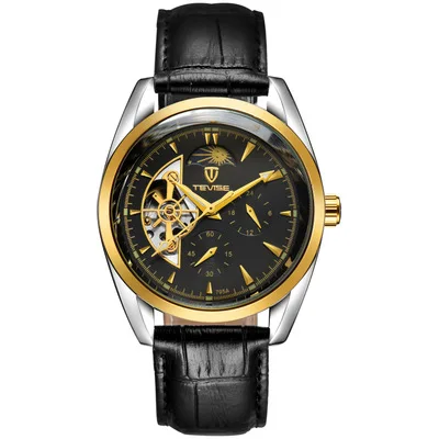 TEVISE автоматические механические часы с турбийоном, мужские часы, светящиеся наручные часы для деловых людей, автоматические часы Relogio для мужчин s - Цвет: Leather Gold Black