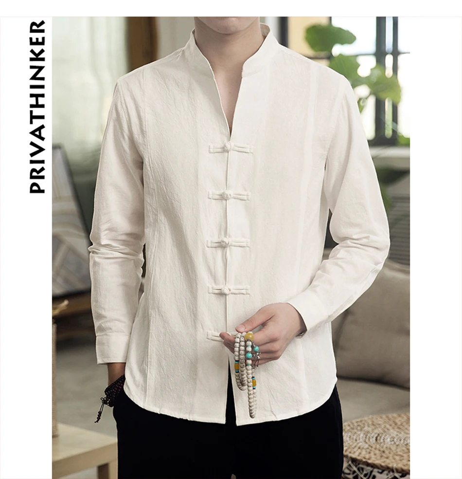 Sinicism Store Men Clothes Man Cotton Linen Casual White Shirts Long Sleeve Shirts Male Chinese Style Solid Shirts