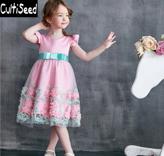 

Girls Dress Clothing 2018 Children European Flower Dress with Lacing up Bow Baby Birthday Party Princess Dress Clothes