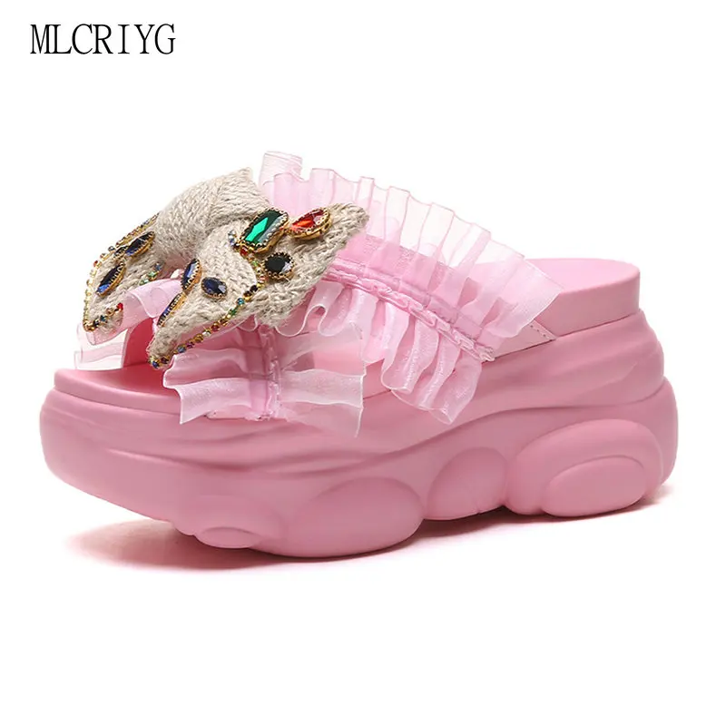 

Size 34-39 2019 New Summer Women's Sweet Slippers Flat Heels Bowtie with Diamond Shoes Woman 9cm Platform Female Lace Flip Flops