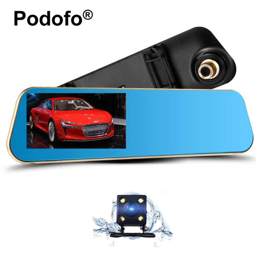 Podofo 4.3 Inch Car Rear View Mirror Dash Cam Auto Video Recorder Registrator Camcorder Dashcam with Dual Lens Car Camera Dvrs