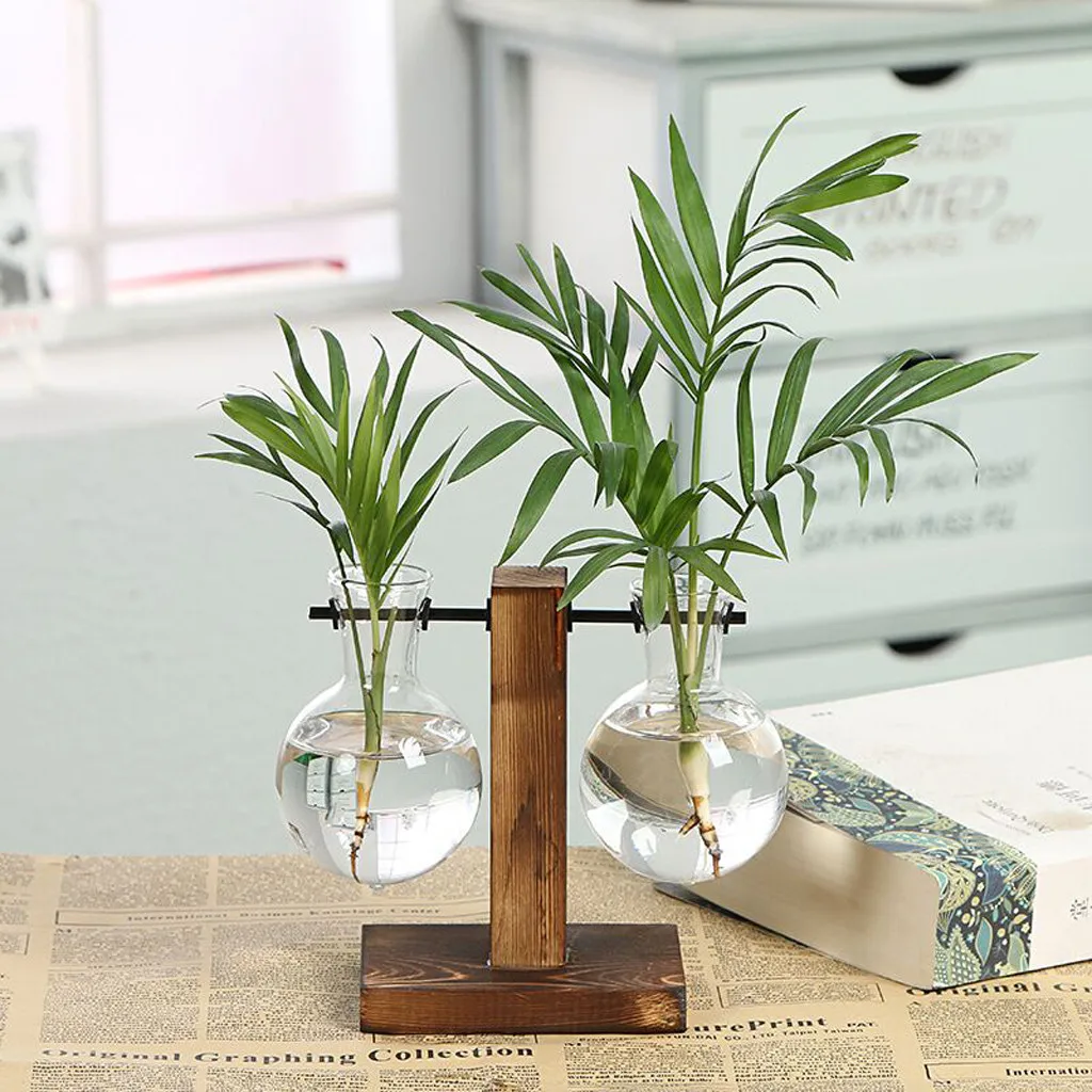 

Table Desk Bulb Glass Hydroponic Vase Flower Plant Pot Wooden Tray 2019 New Plant Container Vase holder