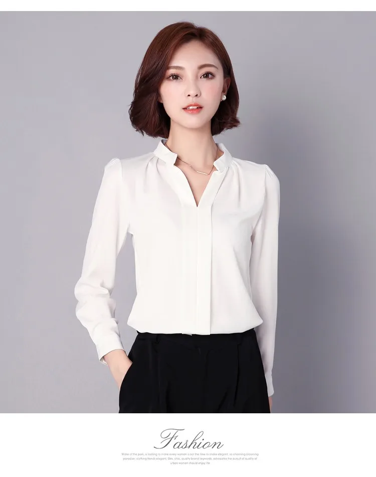 5 цветов,, однотонная блузка для женщин, белая OL рубашка, шифон, женская одежда для работы, v-образный вырез, с рюшами, длинный рукав, топы, пуловер T6127