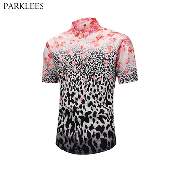 

Leopard Print Shirt Men 2019 Fashion Brand Short Sleeve Floral Dress Shirts Mens Casual Nightclub Party Chemise Homme Camisa XXL