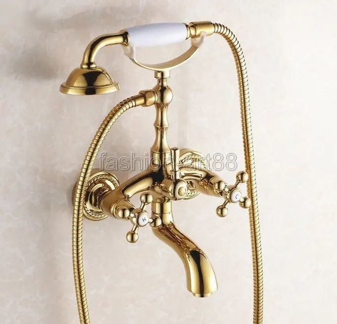 

Claw Foot Tub Faucet Mixer Tap Set Telephone Style Handheld Shower Head Luxury Gold Polished Brass Dual Cross Handles atf082