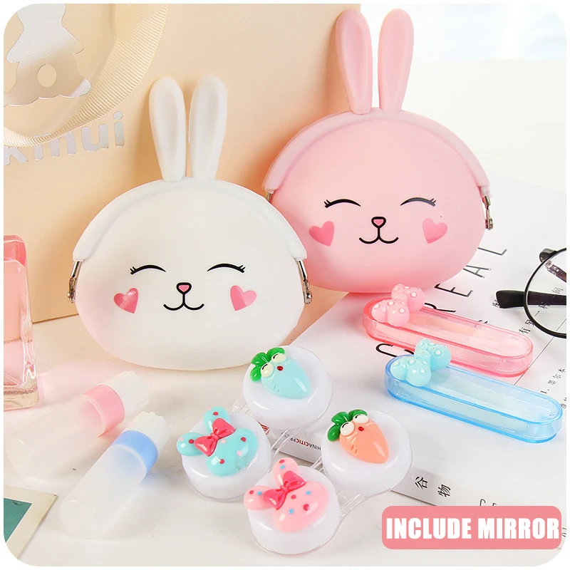 

Cute Rabbit Silicone Bag Cartoon Contact lens case Care Box Double Box With Mirror Travel Lenses Box Color Eye Contacet Lens Box