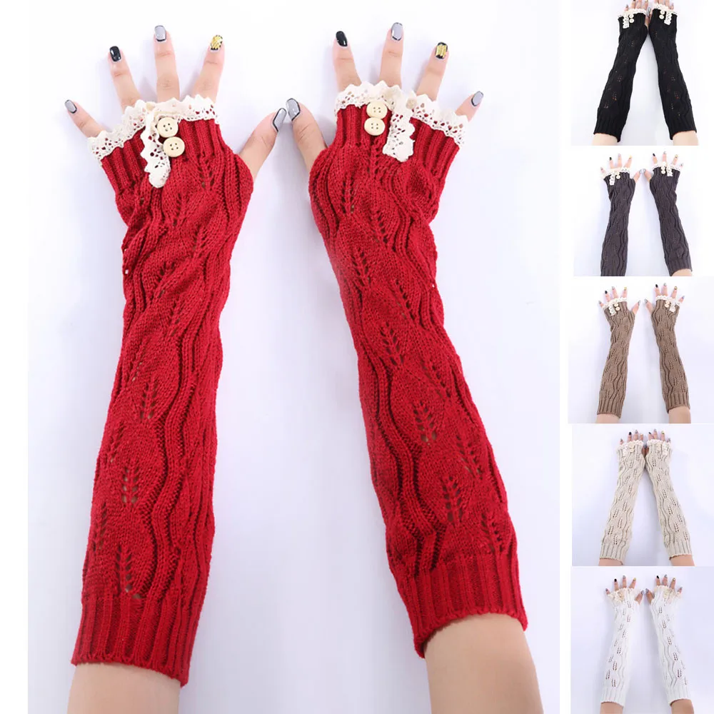 1 пара, модные женские зимние теплые однотонные Вязаные кружевные длинные перчатки без пальцев, варежки, высокое качество,, 18Nov