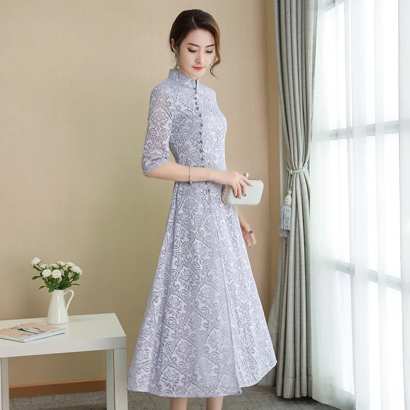 Cheongsam Новое пятиточечное кружевное платье с рукавами с длинным разрезом элегантной атмосферы весна-лето