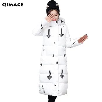 

QIMAGE 2017 Winter Print Women Coats Slim Long Winter Parkas Thick Warm Padded Coat Female Plus Size Outwear Women Jacket Coats