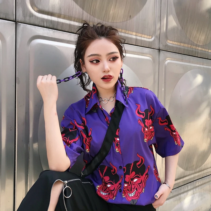 Harajuku рубашка blusas Женская ulzzang с длинным рукавом женская блузка srping Осень Свободный дьявол в готическом стиле с принтом Блузки корейские женские топы