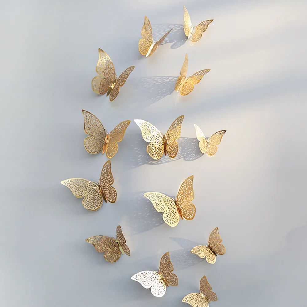 

12 Pcs Butterfly Wall Stickers 3D Hollow Butterfly Wall Decals Fridge Stickers Hot Sale Wedding Decoration accessories