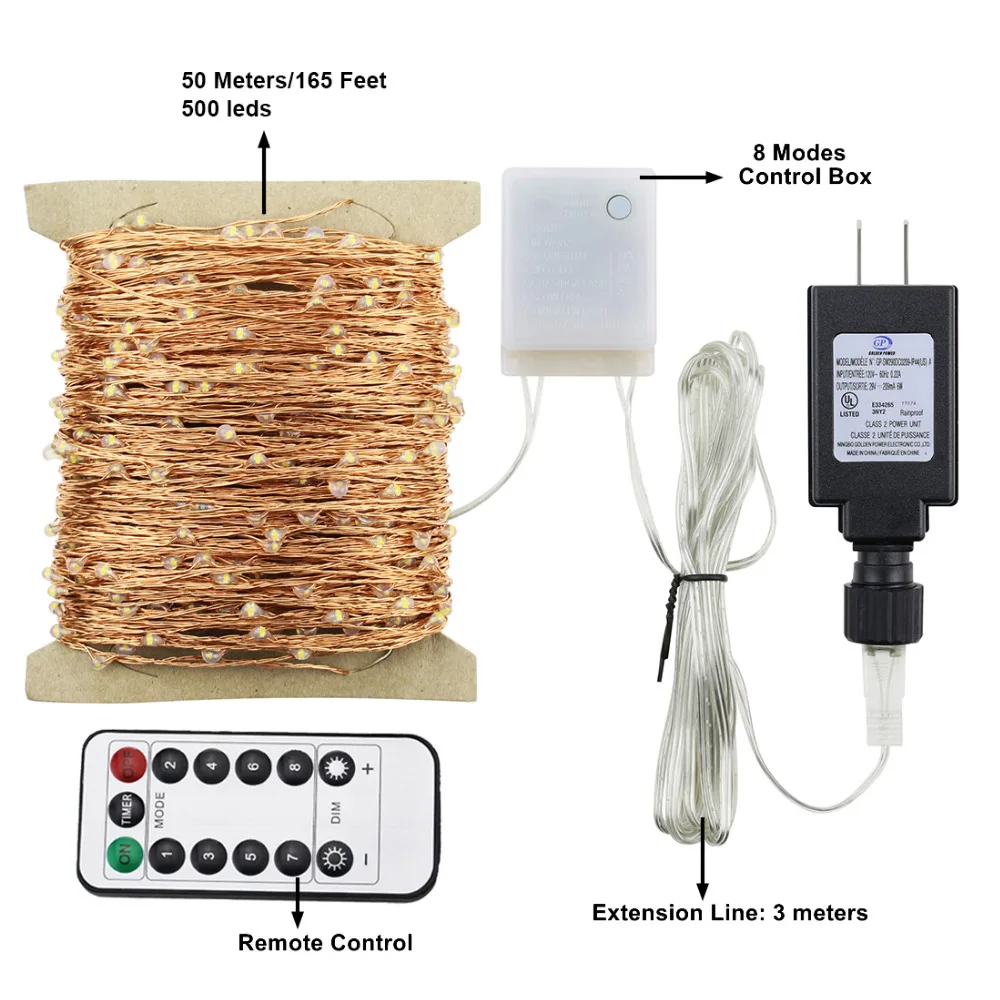 30 м 50 м светодиодный светильник, медная проволока, Рождественская Звездная фея, декоративные Праздничные огни+ ul адаптер+ пульт дистанционного управления, 8 режимов