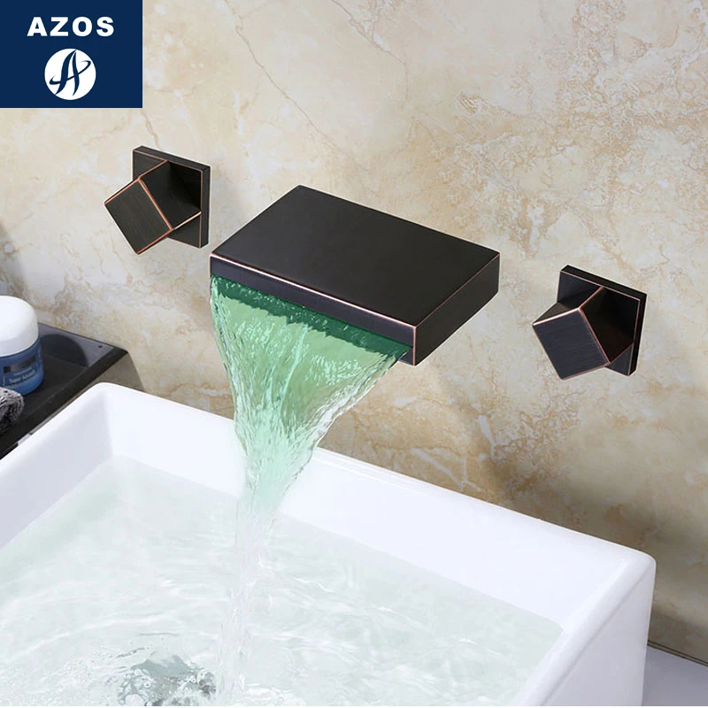 Azos In-wall Faucet Discoloration Waterfall Brass ORB Cold and Hot Switch Temperature Control LED Shower Room Basin Bathroom Cab |