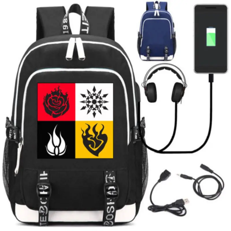 

Hot Anime RWBY Ruby Rose School Backpack USB Charge Interface Anime Black Shoulder Laptop Travel Bag