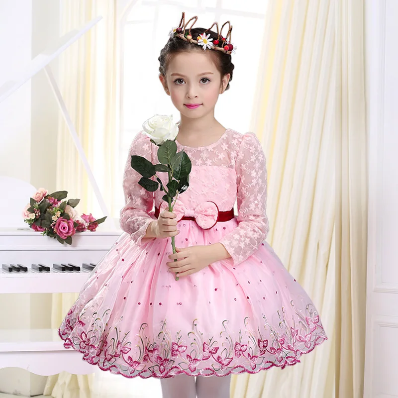 

Gorgeous Fancy Cute Autumn Embroidery Flower Girls Princess Dresses Kids Baby Long Sleeves Pink Bowknot Birthday Party Dress
