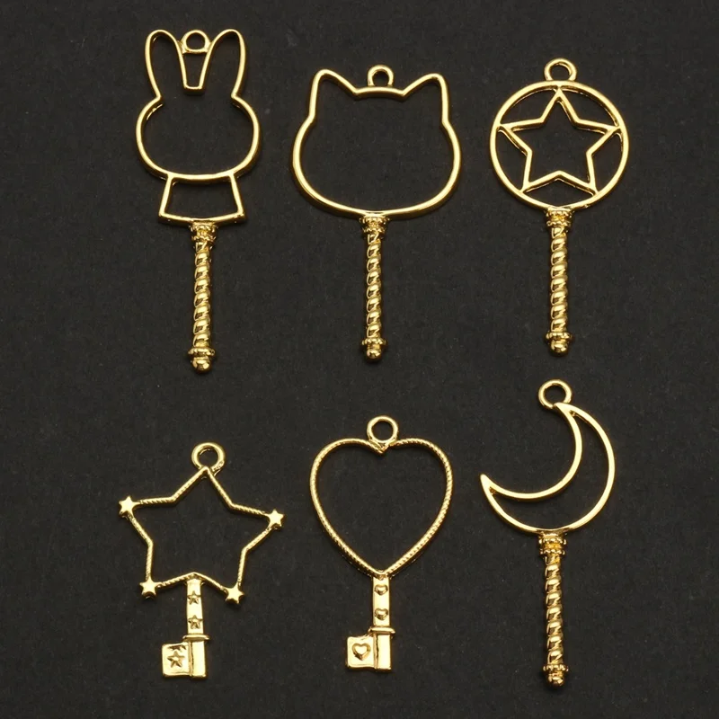 

6pcs gold color Heart moon star Key Open Bezel Gold Charm Bezel Setting Cabochon Setting UV Resin Charm