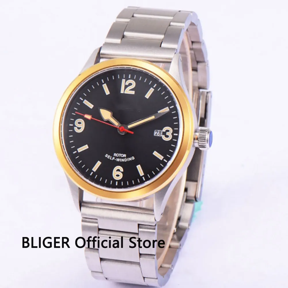 

Full Stainless Steel 41MM Black Sterile Dial Gold Bezel Luminous Marks Automatic Movement Men's Watch BC53