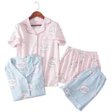 Розовая пижама Bluecute с рисунком овечки, футболка и шорты для женщин, отложной короткий рукав,, летние Пижамные комплекты с героями мультфильмов, одежда для сна