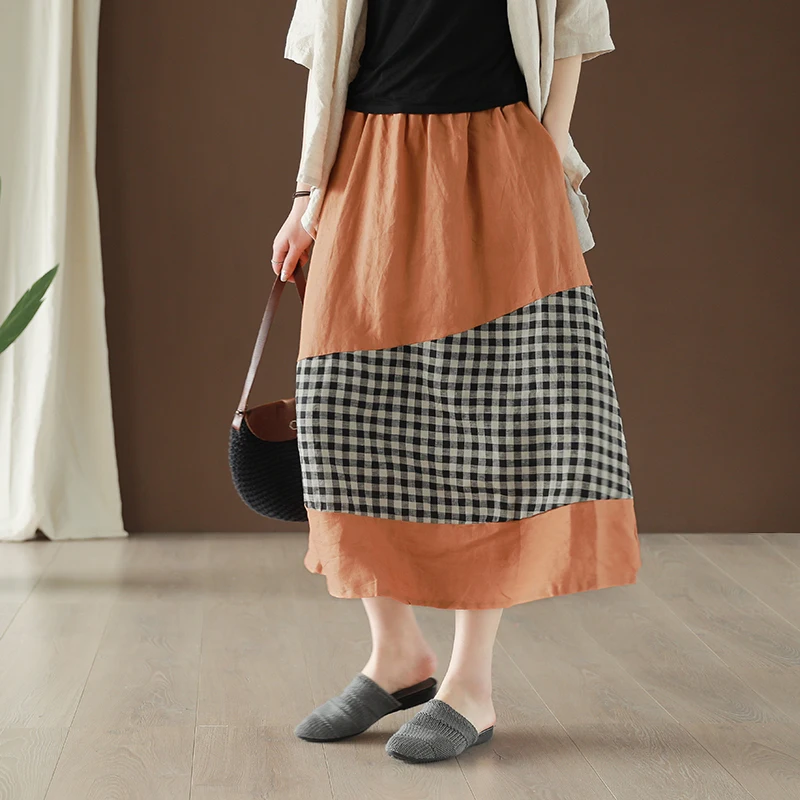 

Johnature 2019 Summer New Patchwork Plaid A-Line Skirts For Women Elastic Waist Pockets Belt Vintage Women Casual Linen Skirts