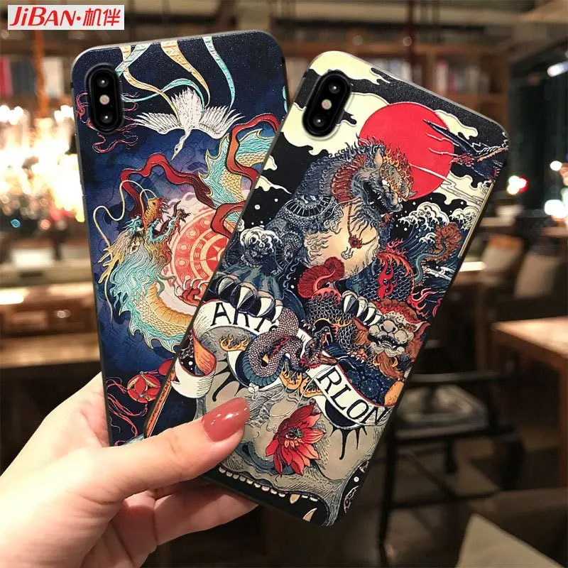 JIBAN Chinese Style Embossed Painted Dragon Double Crane Phone Case For Honor Play Huawei Nova3e P20 Magic2 10pro |