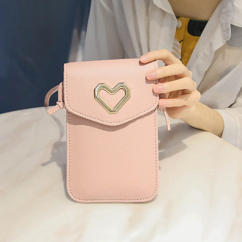 

AUAU-Girl'S Shoulder Cell Phone Bag Simple Heart Shaped Crossbody Bag Pu Mini Female Fashion Bag
