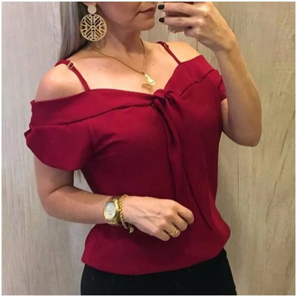 

Women Off Shoulder Elegant Short Sleeve Chiffon Summer Tops Office Shirts blusas mulher elegantes laies top блузка женская 2019