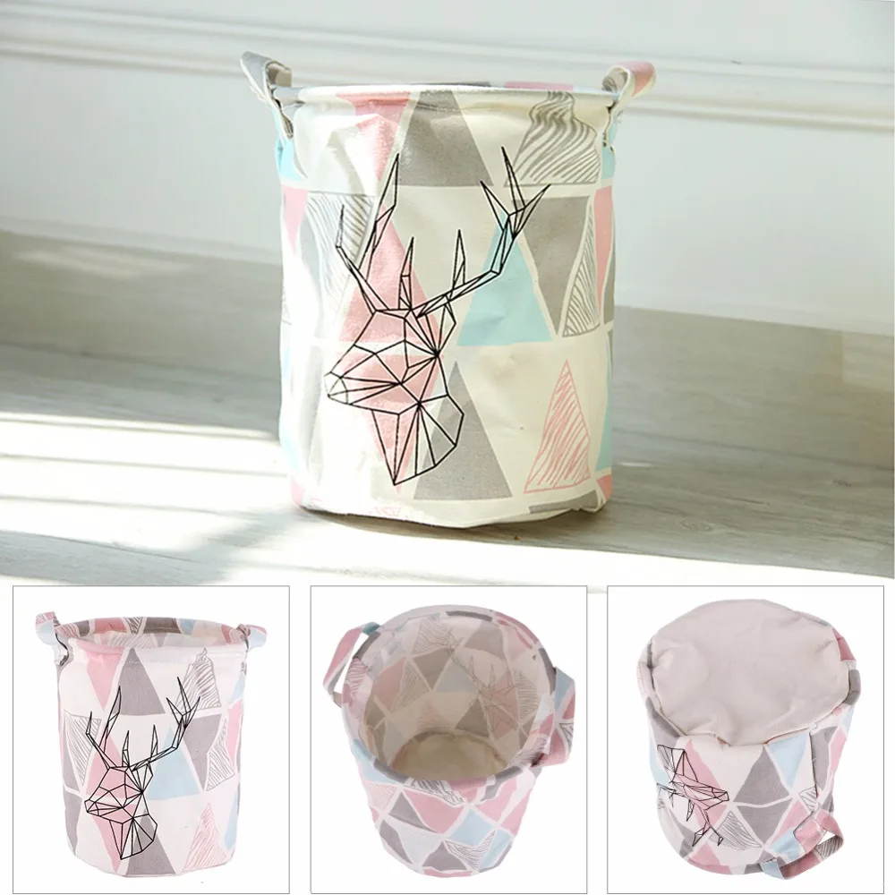 

High Quality Retro Triangle&Deer Pattern Linen Desk Toy Storage Box Holder Laundry Basket With Handle #226347