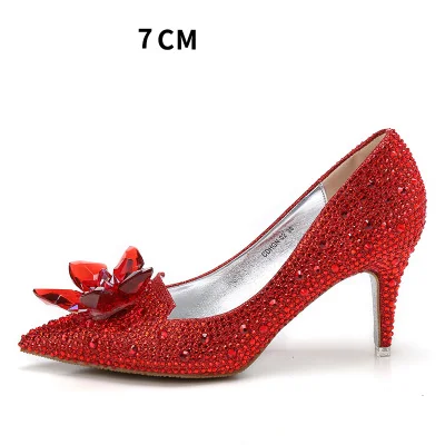 Женские туфли-лодочки Золушки на высоком каблуке с острым носком и красной подошвой кожаные свадебные туфли со стразами женские туфли на высоком каблуке с острым носком - Цвет: Red 7CM