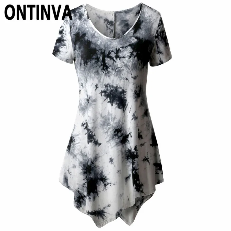 

Tie Dye Print Irregular Long T-Shirt Women Plus Size Summer Asymmetry Hem Tops Female Casual Soft Slim Elastic Tees Tops Tunic